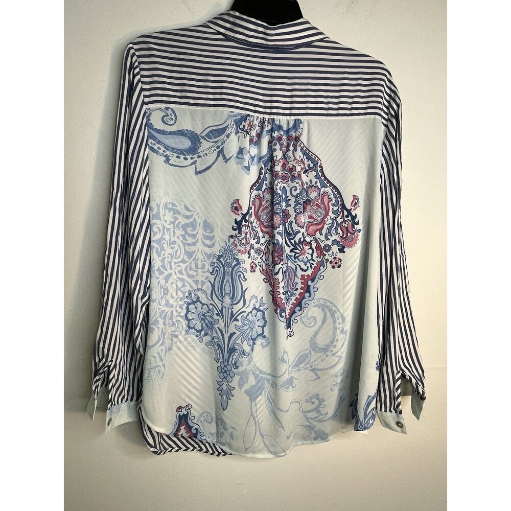 Chicos Stripe Floral Back Paisley long Sleeve Blouse Shirt Womens 2 US L (15